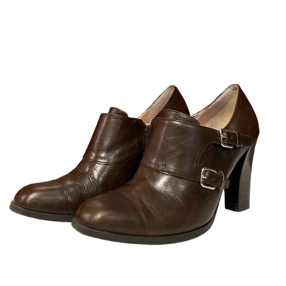 Marc Fisher Brown Leather 3 3/4 Inch Heel Side Zip Booties Women's Size 7M